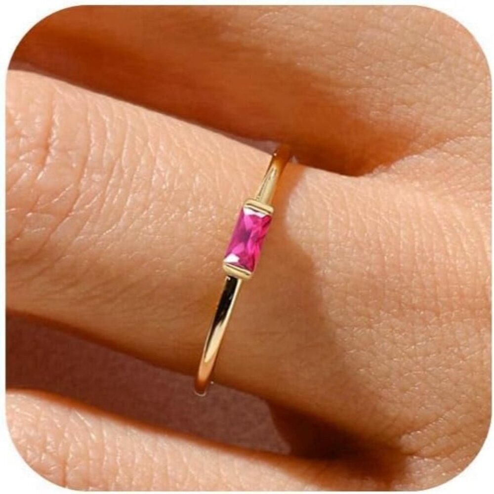 Women Pink/gold Non Tarnish Dainty 14k Gold Plated Baguette Emerald Stone Ring